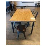 Rectangular Butcher Block Dining Table with Six Metal Chairs