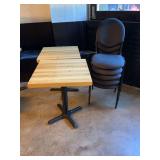 Two Square Butcher Block Tables and Five Stackable Chairs