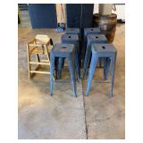 Set of Six Metal Bar Stools and One Wooden High Chair