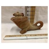 Caramel Slag Glass Fish w/ Lid, Fish Tail Broken