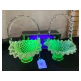 (2) Opalescent Hobnail Glass Baskets, 6"T