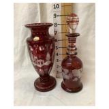 Bohemia Glass Red Vase & Cruet