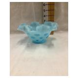 Fenton Blue Opalescent Thumbprint Ruffled Edge