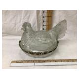 Clear Glass Covered Chicken, 7"T, 9"L, Chip on