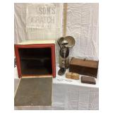 Vintage Metal Warming Oven, Wood Sewing Box,