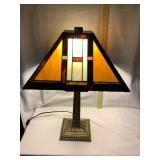 Art Deco Brass Table Lamp w/ Leaded Stained G