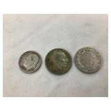 Silver Roosevelt Dime, "V" Nickel, Buffalo Nickel