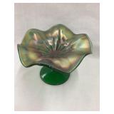Green Carnival Glass Stippled Ray Compote, 4"T