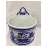 Flow Blue Type Porcelain Hanging Salt Box, Made in