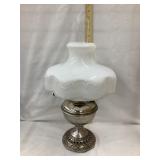 Metal Base Kerosene Lamp w/ Ornate Milk Glass