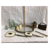 Vintage Dresser Mirror Set, Brass Oil Lamp,
