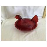 Cranberry Red Glass Hen on Nest, 7ï¿½L, 5 1/4ï¿½T,