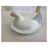 White Glass Hen on Nest, 7ï¿½L, 5ï¿½T, Edge Chips