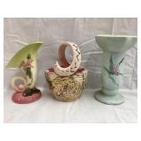 (3) Hull Pottery Pieces, (2) Vases, (1) Basket