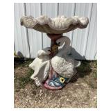 Painted Cement Swan Bird Bath, Two Pieces, 29"T