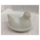 Milk Glass Hen on a Nest, Some Paint Loss, Inside