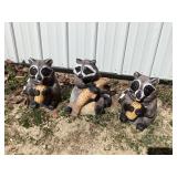 (3) Painted Cement Raccoon Lawn Ornaments, 13