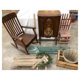 Lot of Wooden Primitives & Decor, Airline Cabinet