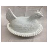 Milk Glass Hen on a Nest, Minor Inside Rim Chips,