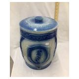 Blue & White Stoneware Water Cooler w/ Design, Lid