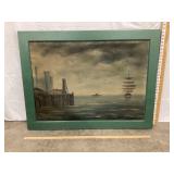 Vintage Signed Oil Painting On Canvas Of Harbor