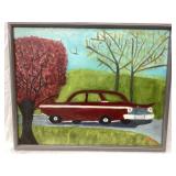 Vintage Signed Acrylic Car Painting on Canvas,