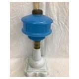 Vintage Blue Glass & Milk Glass Kerosene Lamp,