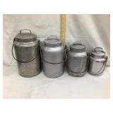 (4) Aluminum Cream Cans w/ Lids, 11'-9'-8'-6'T