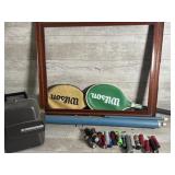 Projector with screen, tennis rackets, flashlights