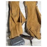 Leather chaps, belt, and gun case