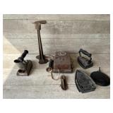 Antique Irons and Telephone