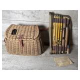 Wicker fishing basket, fishing rod