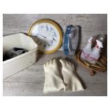 Shower head, grill gloves, clock
