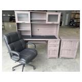 Desk, cabinet and chair