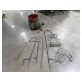 Wood Barrel, Hanging Wire Baskets, Shepherds Hooks