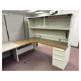 L-Shape Metal Desk with Wood Grain Top and Hutch