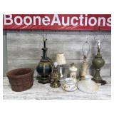 6 Lamps and Two Glass Shades with Basket
