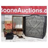 Vintage Wood Mirror, Fireplace Screen, and