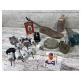 Porcelain insulators, tobacco tin, shoe mold