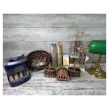 Lamp, baskets, coin rollers, trophies