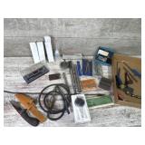 Knife, reamers, drafting compass, dial gauges