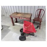 Seed Spreader, Wooden Table And Chair