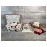 Spring Tea Set with Tray and Towels and Wicker