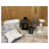 Winter Bucket Lanterns Candlesticks and Pillow