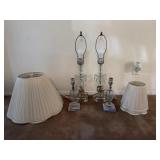 (2) Tall Glass Lamps with Shades and (2) Small