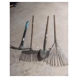 Garden Tool Lot: Hoe, Rake, Shovel