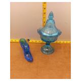 Fenton Blue glass slipper with hobnail pattern, ca