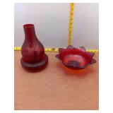 Ruby Red Glass Vase & Flower Bowl Set
