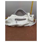 Chic White Floral Embroidered Handbag with Silver