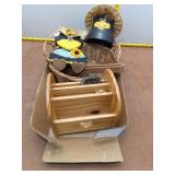 Country Folk Art Decor Lot: Wooden Crow, Letter Ho